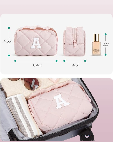 Personalized Initial Makeup Bag by BAGSMART - Small Travel Cosmetic Pouch for Women, Pink Puffy Makeup Organizer, Perfect for Toiletries, Brushes, and Travel Essentials 