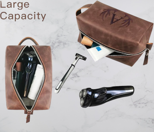 Personalized Leather Toiletry Bag for Men - Engraved Initials, Waterproof Travel Shaving Bag - Unique Gift for Him, Perfect for Birthdays & Travel