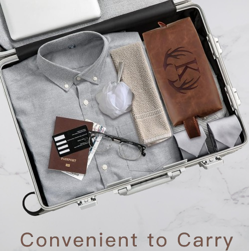 Personalized Leather Toiletry Bag for Men - Engraved Initials, Waterproof Travel Shaving Bag - Unique Gift for Him, Perfect for Birthdays & Travel
