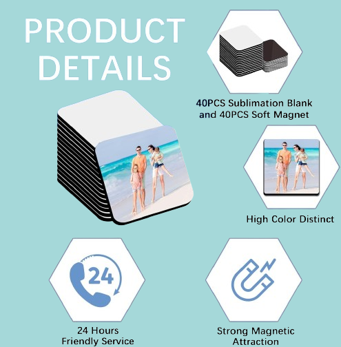 80-Piece Sublimation Magnet Blanks Kit - 3x3 Square DIY Craft Set for Personalized Fridge Magnets, Includes 40 Blanks & 40 Soft Magnets"