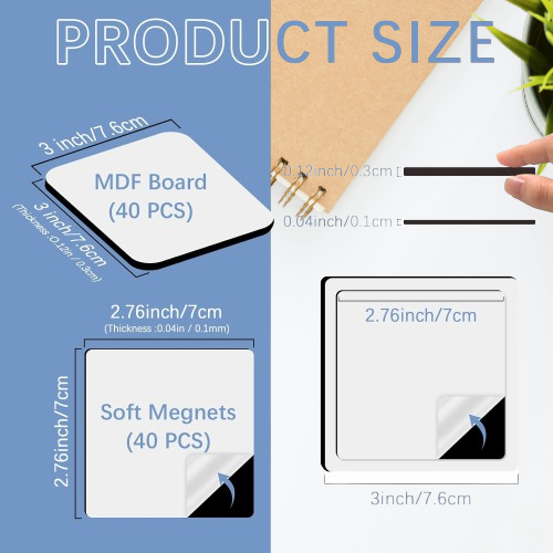 80-Piece Sublimation Magnet Blanks Kit - 3x3 Square DIY Craft Set for Personalized Fridge Magnets, Includes 40 Blanks & 40 Soft Magnets"