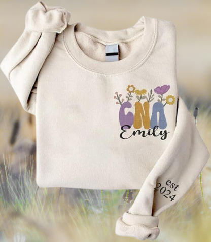 Custom Nurse Crewneck with Hand-Stitched Floral Design