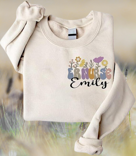 Custom Nurse Crewneck with Hand-Stitched Floral Design