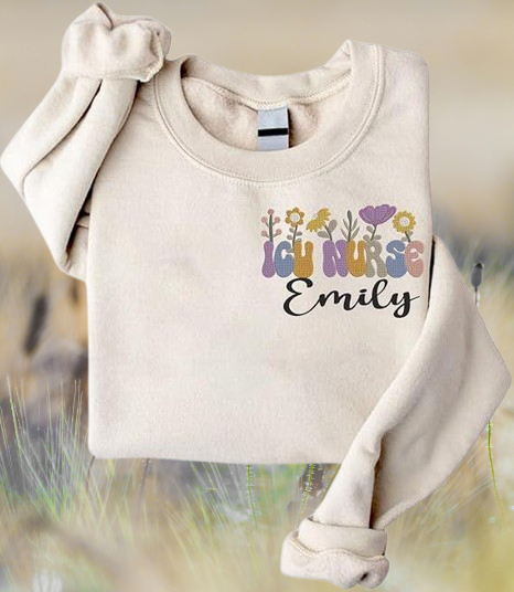 Custom Nurse Crewneck with Hand-Stitched Floral Design