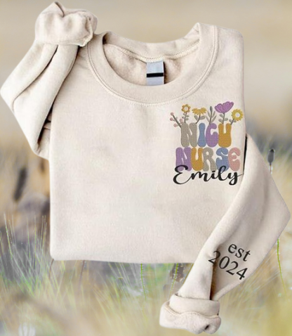 Custom Nurse Crewneck with Hand-Stitched Floral Design