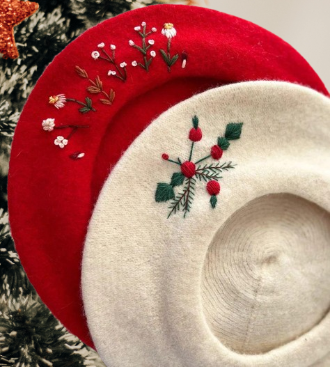 Winter Wool Beret - Hand-Embroidered Vintage French Hat
