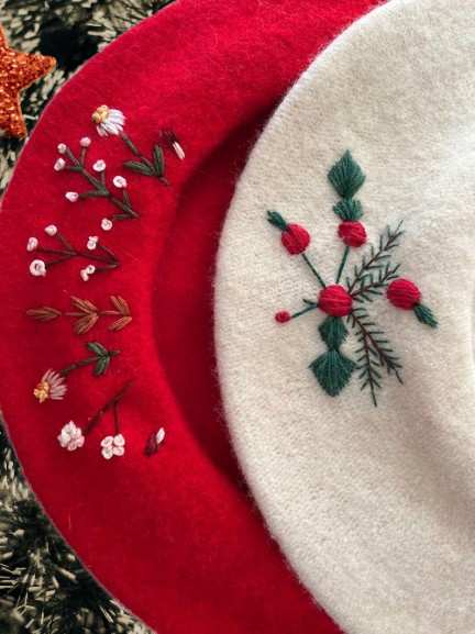 Winter Wool Beret - Hand-Embroidered Vintage French Hat