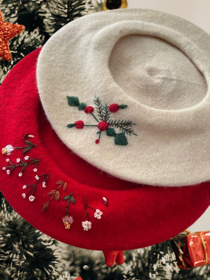 Winter Wool Beret - Hand-Embroidered Vintage French Hat