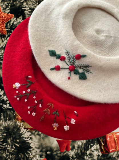 Winter Wool Beret - Hand-Embroidered Vintage French Hat