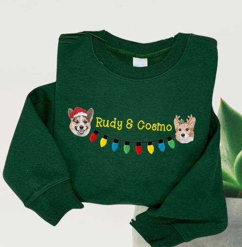 Personalized Christmas Sweatshirt – Custom 2 Pets Portrait & String Lights Embroidered Design