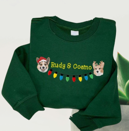 Personalized Christmas Sweatshirt – Custom 2 Pets Portrait & String Lights Embroidered Design