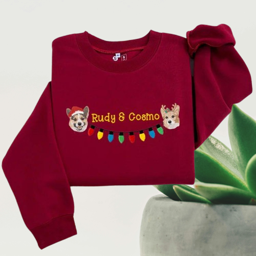 Personalized Christmas Sweatshirt – Custom 2 Pets Portrait & String Lights Embroidered Design