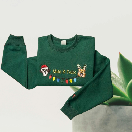 Personalized Christmas Sweatshirt – Custom 2 Pets Portrait & String Lights Embroidered Design