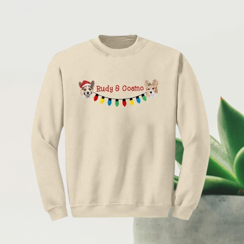 Personalized Christmas Sweatshirt – Custom 2 Pets Portrait & String Lights Embroidered Design