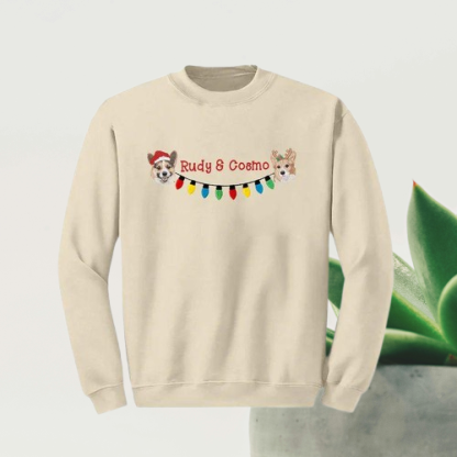 Personalized Christmas Sweatshirt – Custom 2 Pets Portrait & String Lights Embroidered Design