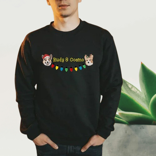 Personalized Christmas Sweatshirt – Custom 2 Pets Portrait & String Lights Embroidered Design