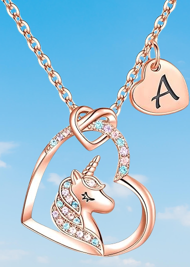 Unicorn Necklace with  Heart - Personalized Initial Jewelry for Girls, Adjustable Chain, Birthday Christmas Gifts.