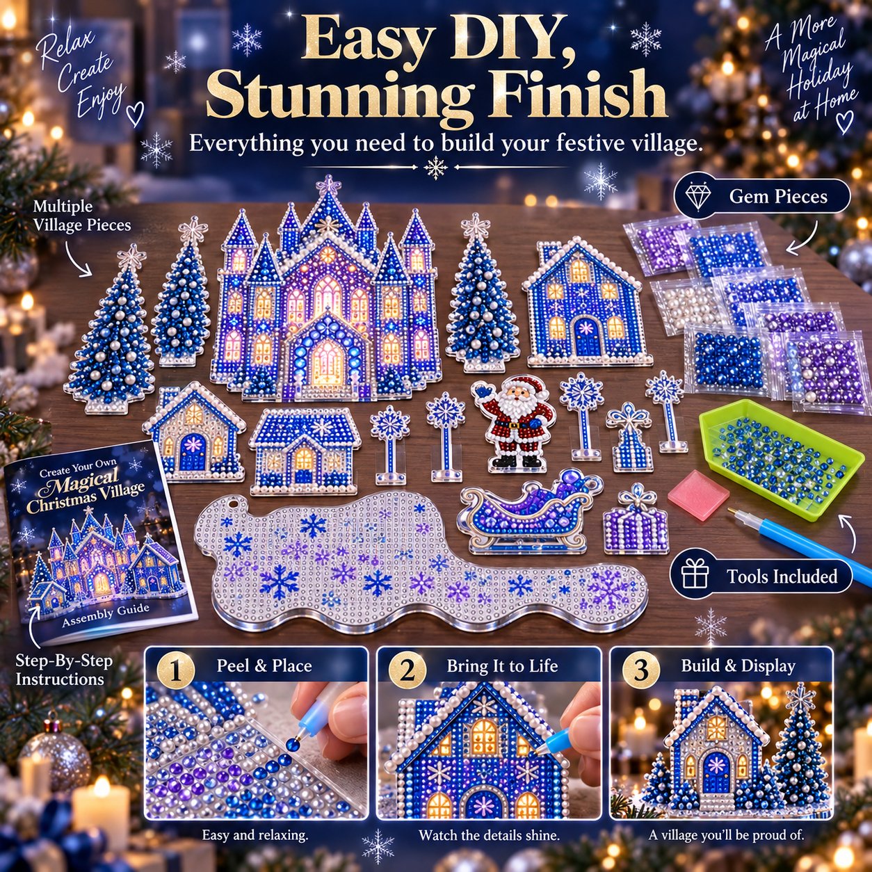 3D Christmas Village Gem Art Kit Contents
