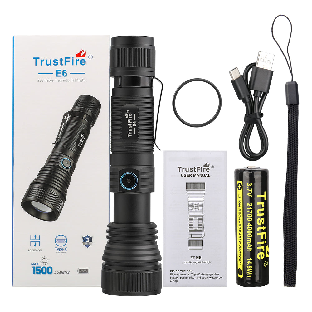 TrustFire E6 MAGNETIC ZOOM FLASHLIGHT 4000 MAH BATTERY 1500 Lumens