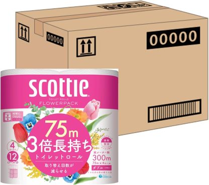 Scottie Flower Pack Toilet Paper, Double Roll (24 Rolls’ Quantity in 12 Rolls), 164.0 inches (50 m) Double Rolls x 4 Packs