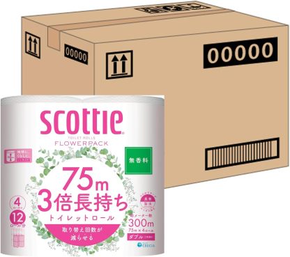 Scottie Flower Pack Toilet Paper, Double Roll (24 Rolls’ Quantity in 12 Rolls), 164.0 inches (50 m) Double Rolls x 4 Packs