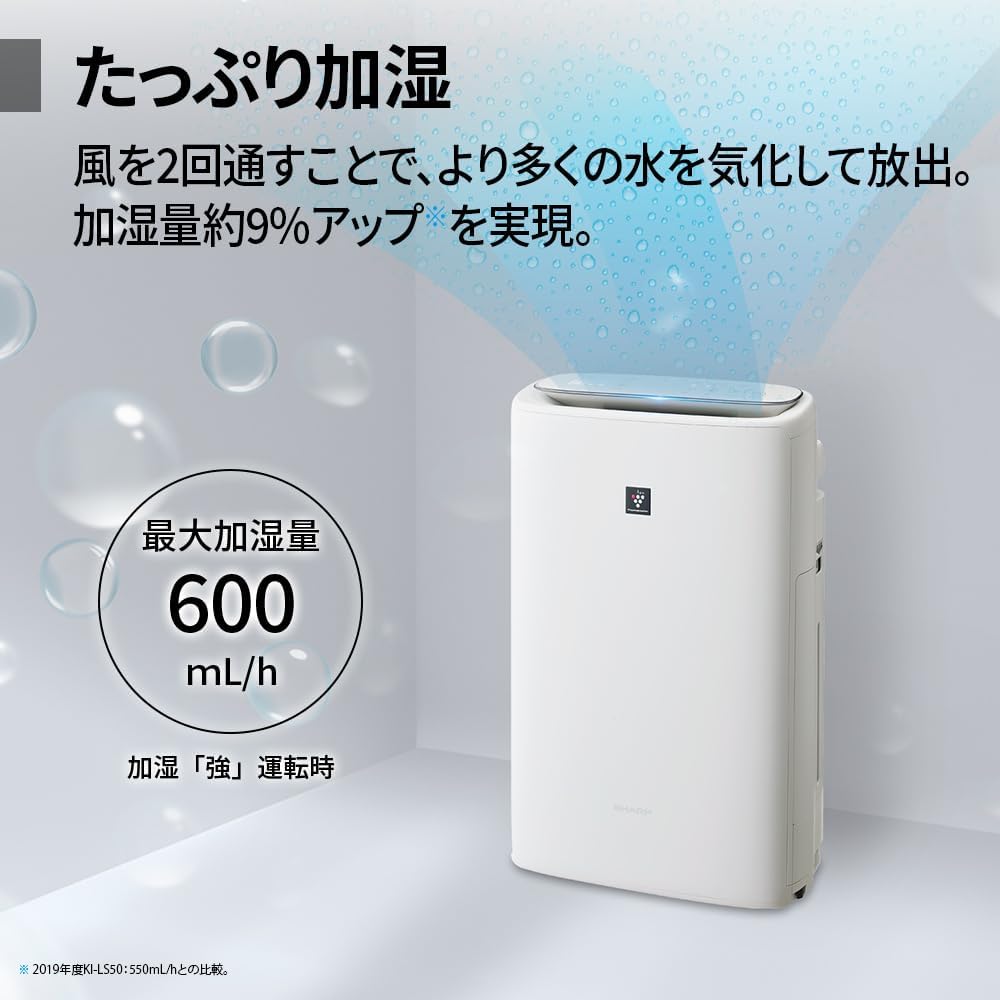 KC-S50-W Sharp Humidified Air Purifier, Plasmacluster 7000 Air Purifier, 23 Tatami Mats, White, Tank Capacity: Approx. 0.8 gal (2.5 L), Maximum Humidification Capacity 16.9 fl oz (500 ml)