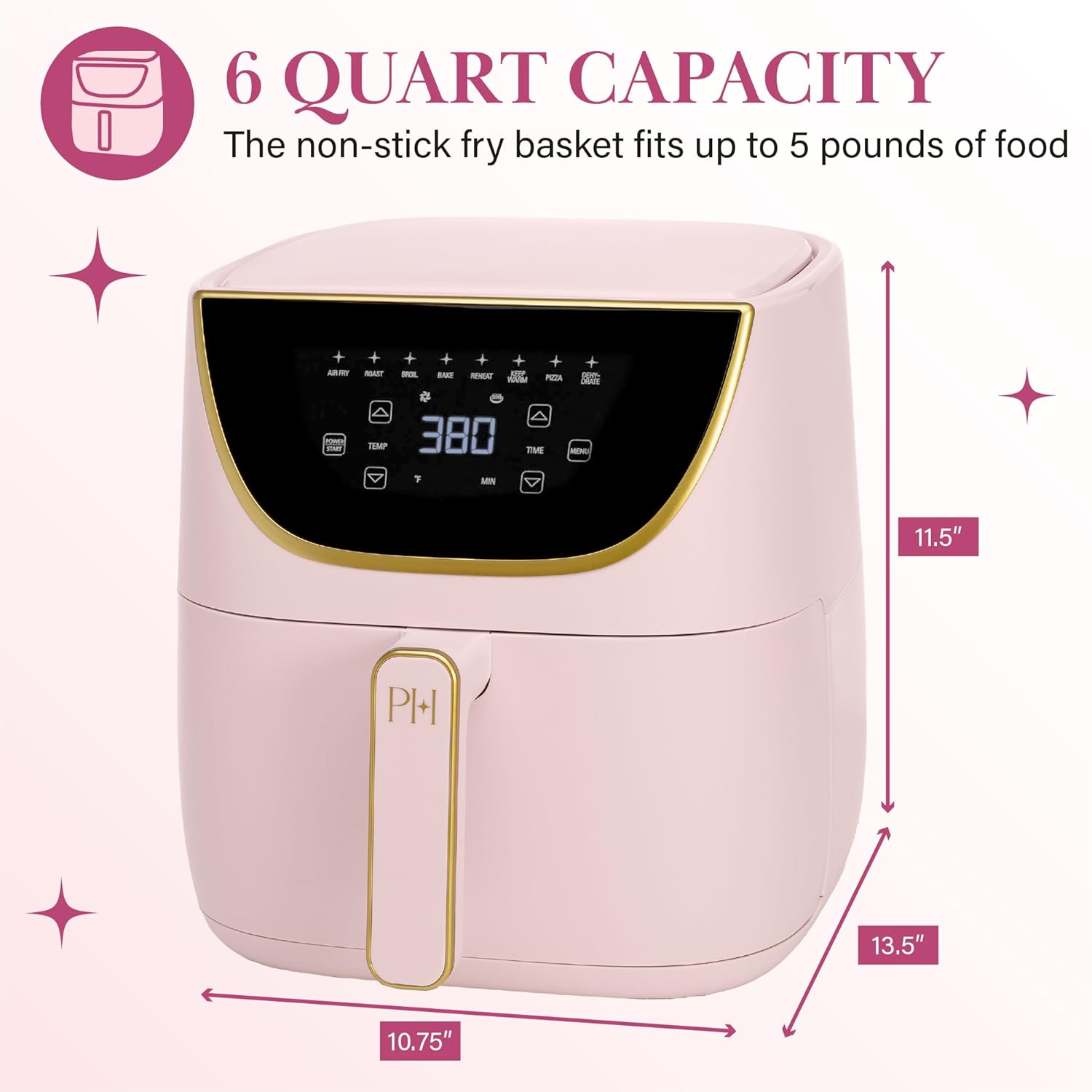 Paris Hilton Air Fryer Large Capacity 6 Quart Touch Screen Display 8 in 1 (Air Frying, Roasting, Baking, Reheating, Warming, Pizza, Dehydrated) Dishwasher Safe Non-Stick Basket, Crisper Pink