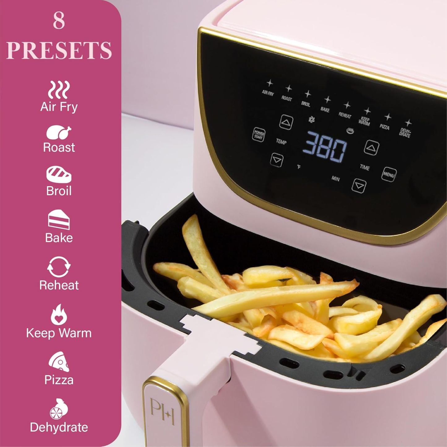Paris Hilton Air Fryer Large Capacity 6 Quart Touch Screen Display 8 in 1 (Air Frying, Roasting, Baking, Reheating, Warming, Pizza, Dehydrated) Dishwasher Safe Non-Stick Basket, Crisper Pink