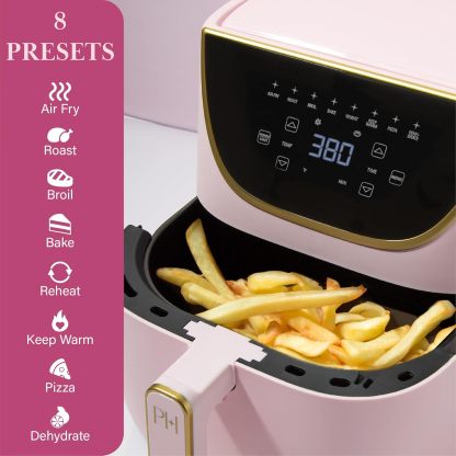 Paris Hilton Air Fryer Large Capacity 6 Quart Touch Screen Display 8 in 1 (Air Frying, Roasting, Baking, Reheating, Warming, Pizza, Dehydrated) Dishwasher Safe Non-Stick Basket, Crisper Pink