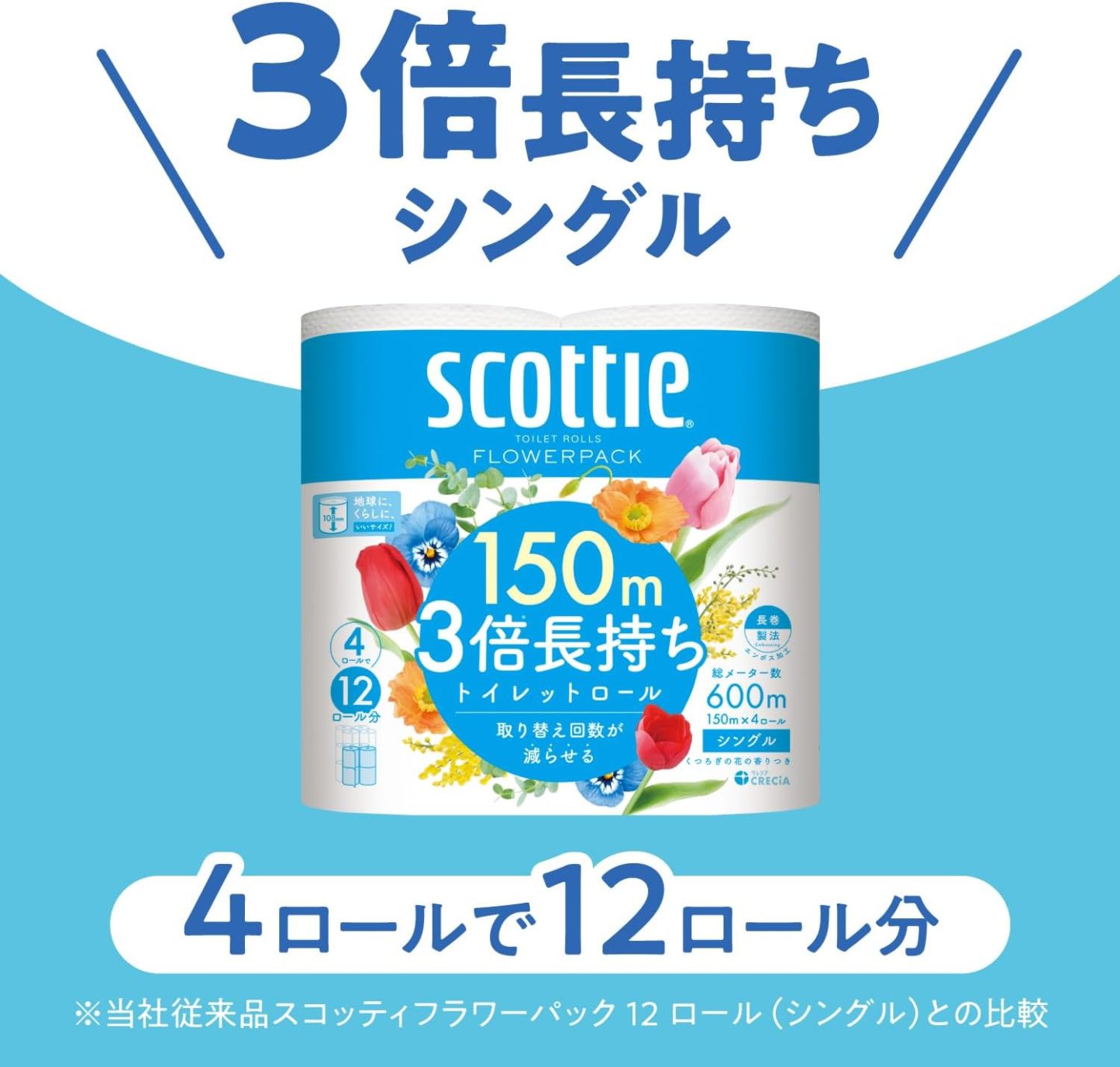 Scotty Flower Pack, 3 Times Longer, 4 Rolls of Toilet (150 m), Single