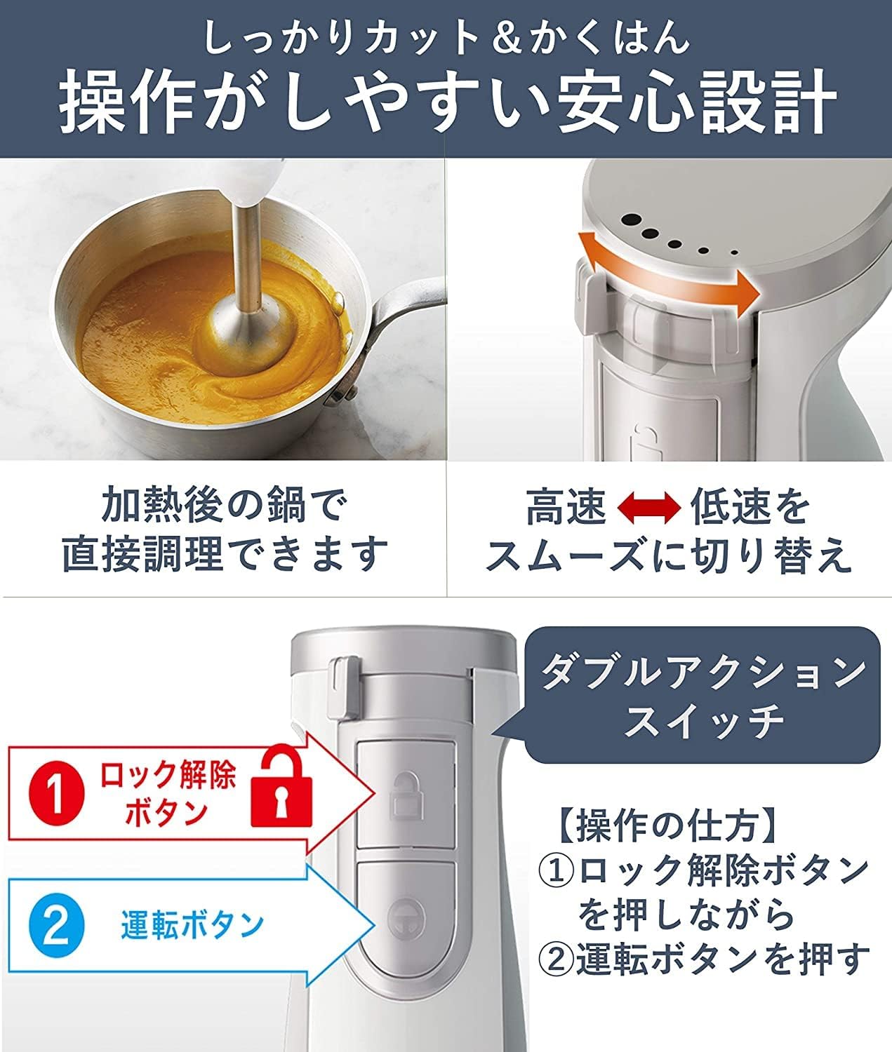 パナソニック MX-S302-W ハンドブレンダー 4 in 1 ブレンダー 混ぜる 泡立てる 離乳食 スピード調整 誤用防止設計 レシピブック付き ホワイト