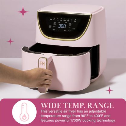 Paris Hilton Air Fryer Large Capacity 6 Quart Touch Screen Display 8 in 1 (Air Frying, Roasting, Baking, Reheating, Warming, Pizza, Dehydrated) Dishwasher Safe Non-Stick Basket, Crisper Pink