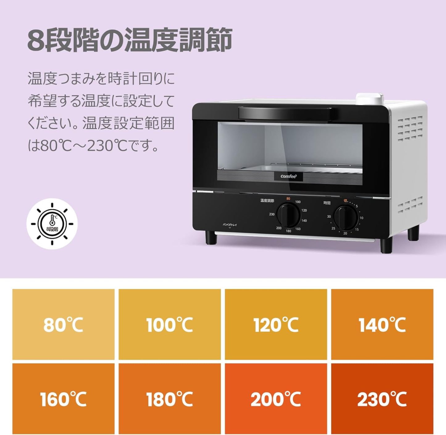 COMFEE' CF-AD081 Toaster Oven 8L Toaster, 2 Baking Tables, Timer Setting, Up to 176°F (80 - 230 °C) Stepless, Temperature Adjustment, 1000 W, Top and Bottom Firepower, Compact Design, Easy Care, Tray
