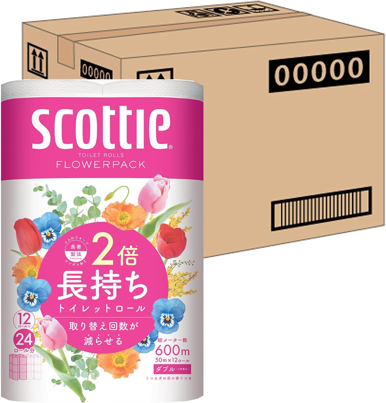 Scottie Flower Pack Toilet Paper, Double Roll (24 Rolls’ Quantity in 12 Rolls), 164.0 inches (50 m) Double Rolls x 4 Packs