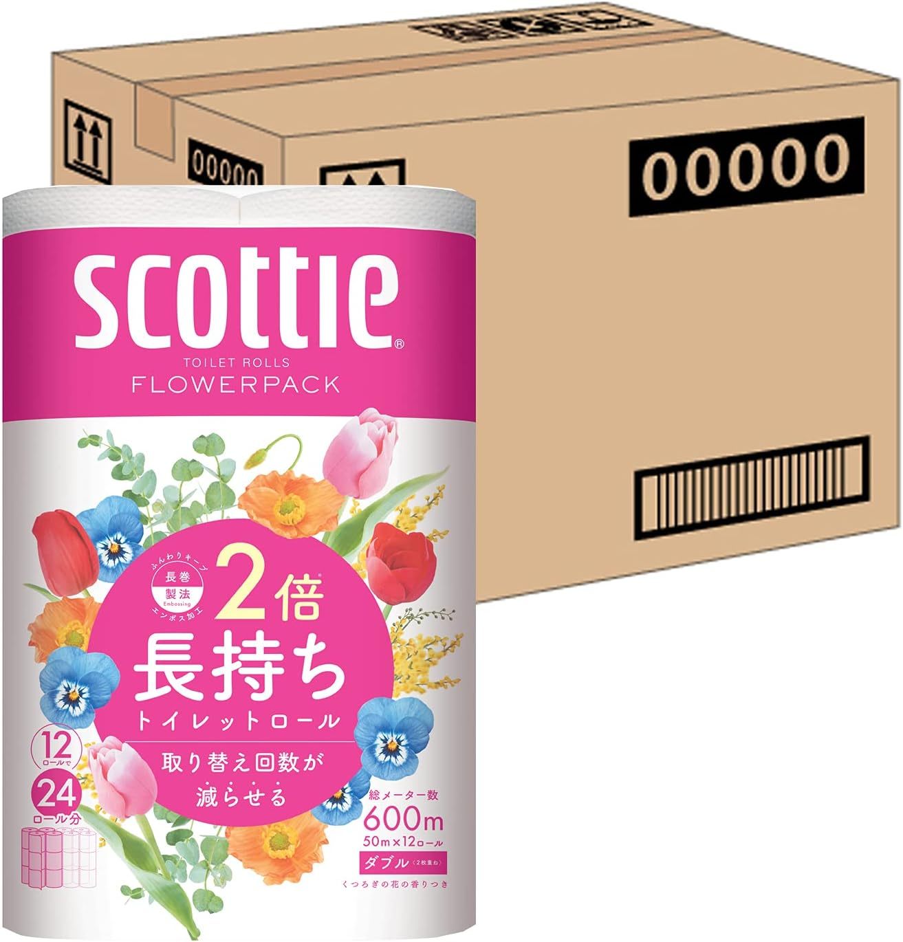 Scottie Flower Pack Toilet Paper, Double Roll (24 Rolls’ Quantity in 12 Rolls), 164.0 inches (50 m) Double Rolls x 4 Packs