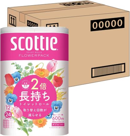 Scottie Flower Pack Toilet Paper, Double Roll (24 Rolls’ Quantity in 12 Rolls), 164.0 inches (50 m) Double Rolls x 4 Packs