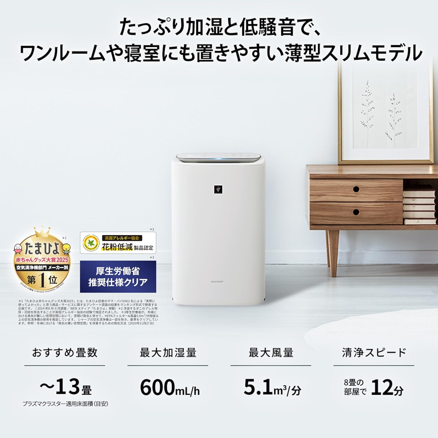 KC-S50-W Sharp Humidified Air Purifier, Plasmacluster 7000 Air Purifier, 23 Tatami Mats, White, Tank Capacity: Approx. 0.8 gal (2.5 L), Maximum Humidification Capacity 16.9 fl oz (500 ml)