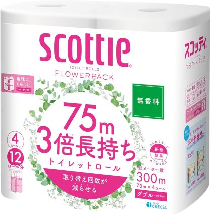 Scottie Flower Pack Toilet Paper, Double Roll (24 Rolls’ Quantity in 12 Rolls), 164.0 inches (50 m) Double Rolls x 4 Packs