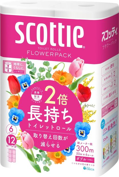 Scottie Flower Pack Toilet Paper, Double Roll (24 Rolls’ Quantity in 12 Rolls), 164.0 inches (50 m) Double Rolls x 4 Packs