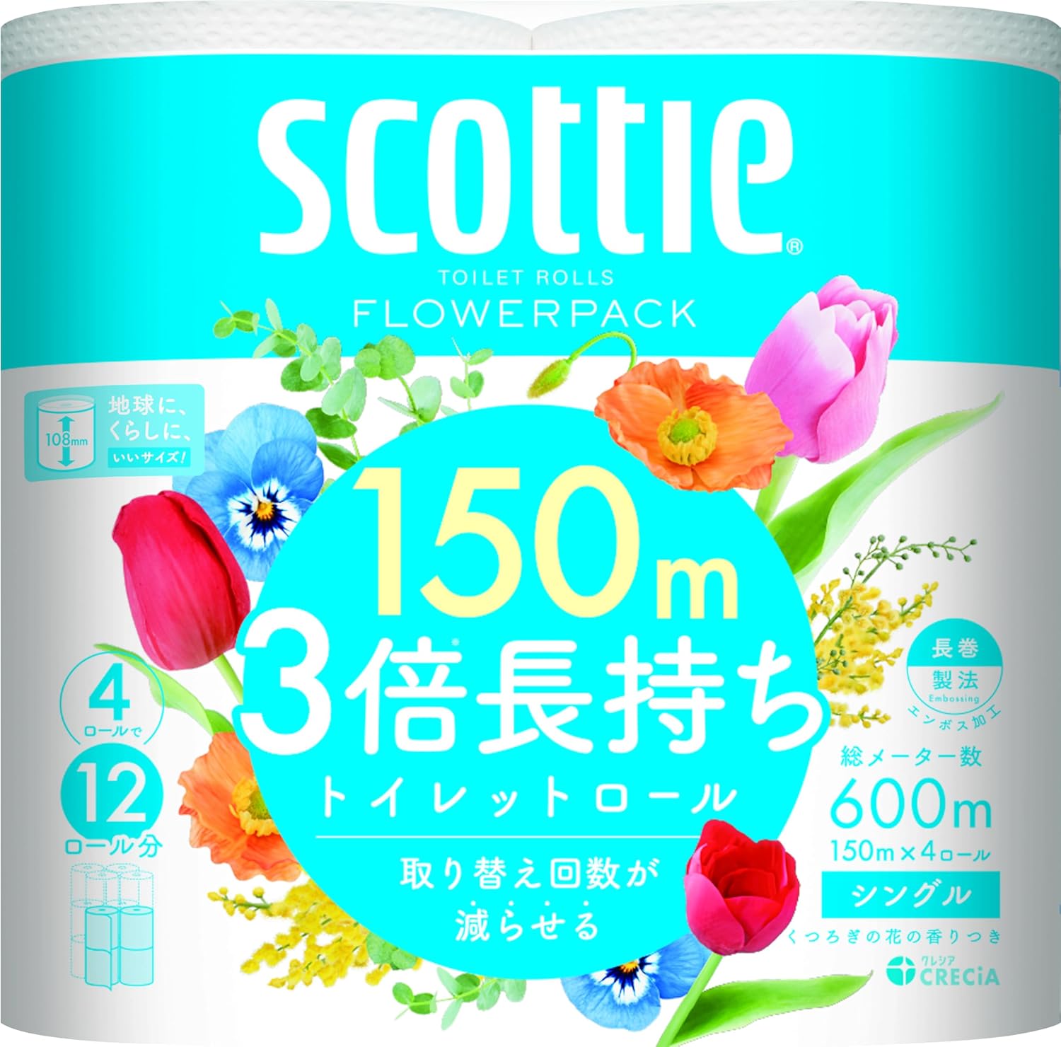 Scotty Flower Pack, 3 Times Longer, 4 Rolls of Toilet (150 m), Single