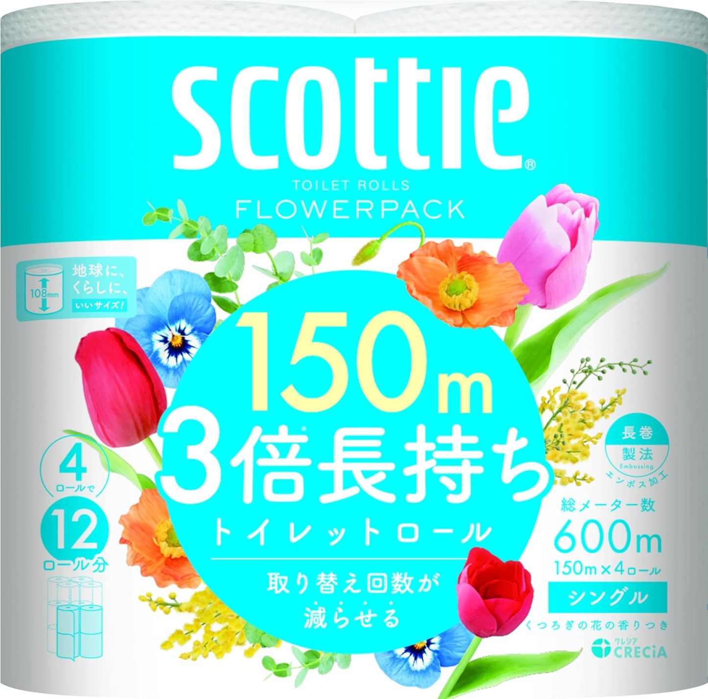 Scotty Flower Pack, 3 Times Longer, 4 Rolls of Toilet (150 m), Single