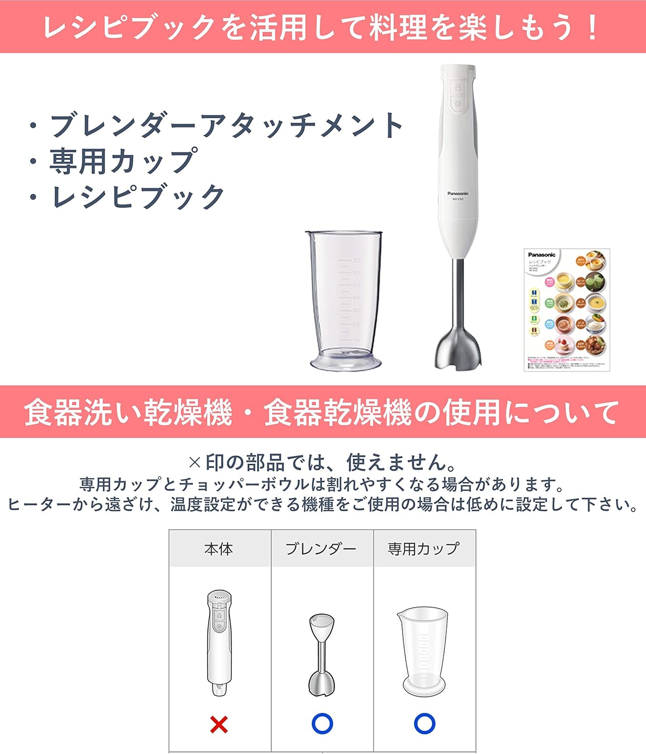 パナソニック MX-S302-W ハンドブレンダー 4 in 1 ブレンダー 混ぜる 泡立てる 離乳食 スピード調整 誤用防止設計 レシピブック付き ホワイト
