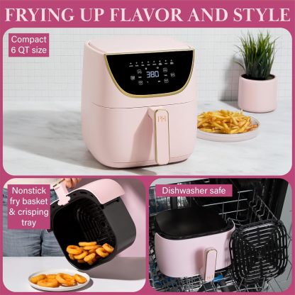 Paris Hilton Air Fryer Large Capacity 6 Quart Touch Screen Display 8 in 1 (Air Frying, Roasting, Baking, Reheating, Warming, Pizza, Dehydrated) Dishwasher Safe Non-Stick Basket, Crisper Pink