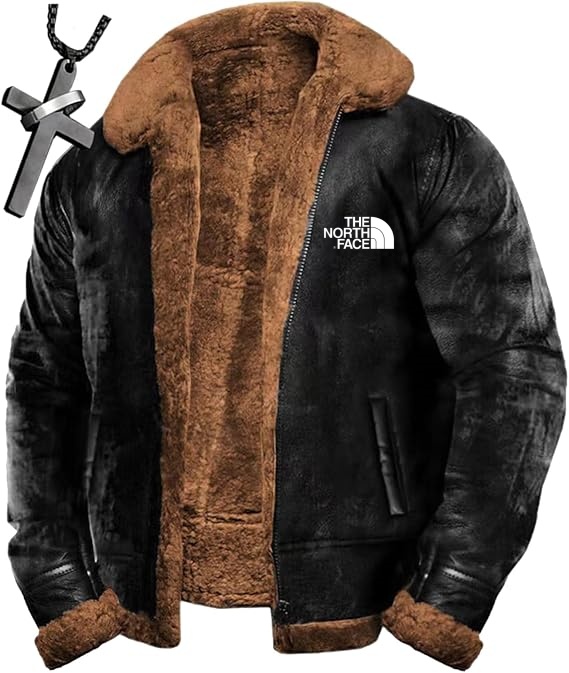 2024 THE NORthtTH FACEWool bomber jacket Leather sherpa lined jacket Heavy suede warm winter motorcycle jacket + (necklace)