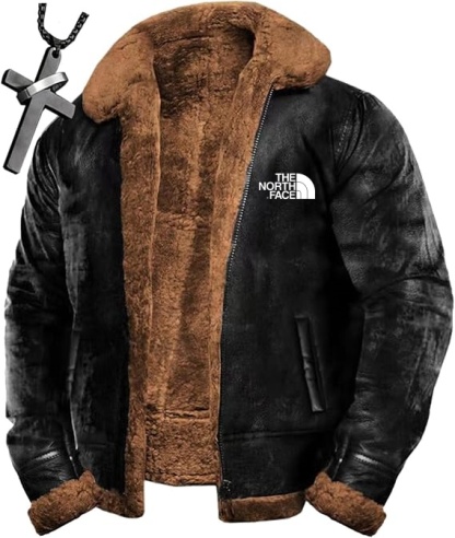 2024 THE NORthtTH FACEWool bomber jacket Leather sherpa lined jacket Heavy suede warm winter motorcycle jacket + (necklace)