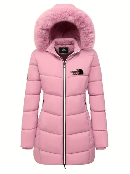 2024 THE NORthtTH FACE-Zipper Fur Lined Hooded Down Jacket Casual Warm Long Sleeve Fur Lined Warm Autumn and Winter Women's Clothing