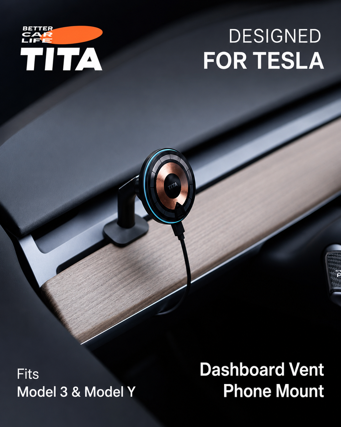 Tesla Air Vent Magnetic Phone Mount Wireless Charger, Qi 15W Fast Charging Car Phone Holder with 12 N52 Magnets, Full Aluminum Alloy Body, Acrylic Panel, 360° Rotation, 165cm USB-C Cable, No-Block Airflow Design, Breathing Ambient Light & OBD Cable Includ