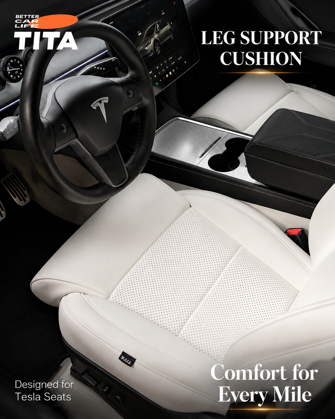 Tesla Model 3/Y Leg Support Seat Cushion, Bionic Curve Thigh Support Pad, Custom-Fit Seat Extension Cushion with Breathable Skin-Friendly Fabric, Waterproof & Stain-Resistant Easy-Clean Cover, Comfortable Driving Seat Upgrade