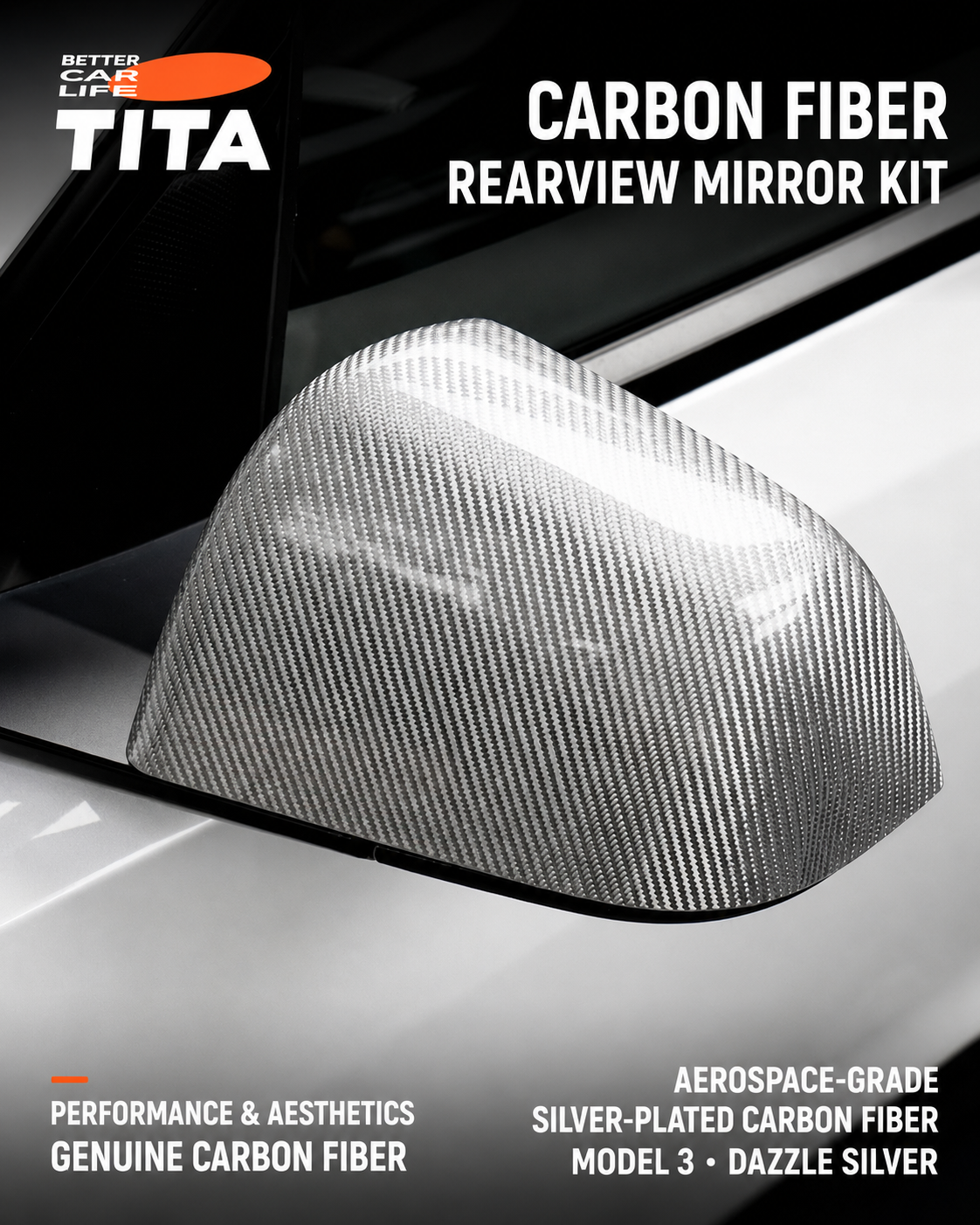 Genuine Carbon Fiber Side Mirror Cover Kit for Tesla Model 3/Y, Matte Black Gloss Black Electroplated Silver Rearview Mirror Caps, Lightweight Aerodynamic Sport Upgrade, Scratch & Impact Protection, No-Drill Easy Installation