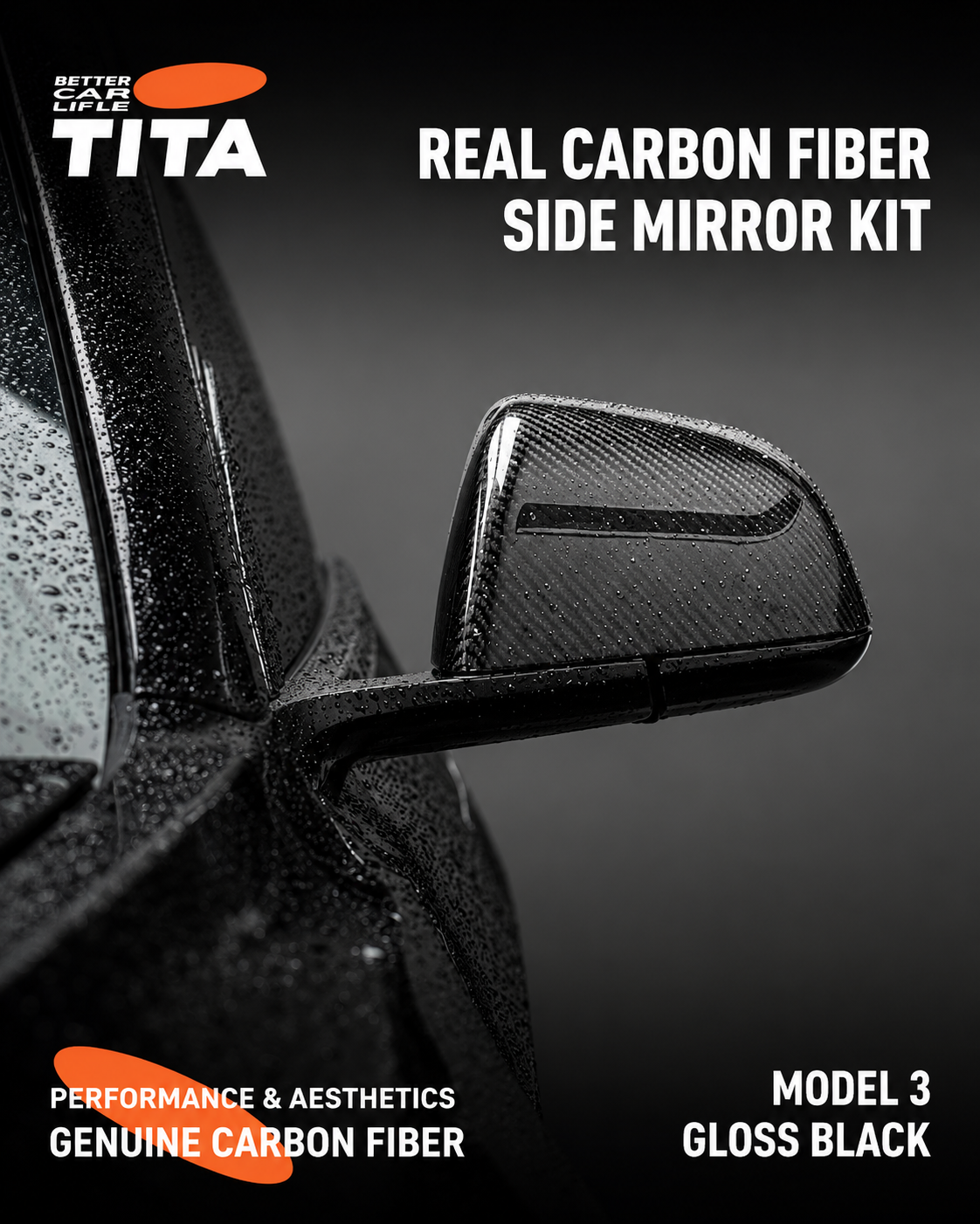 Genuine Carbon Fiber Side Mirror Cover Kit for Tesla Model 3/Y, Matte Black Gloss Black Electroplated Silver Rearview Mirror Caps, Lightweight Aerodynamic Sport Upgrade, Scratch & Impact Protection, No-Drill Easy Installation